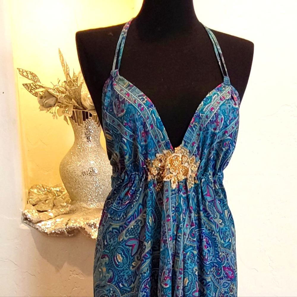 BOHEMIAN GODDESS Silk Turquoise Blue Floral Maxi Dress